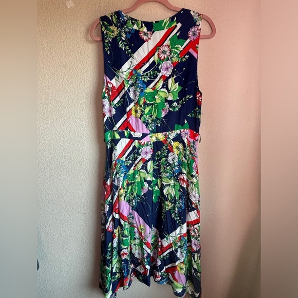 Maeve Anthropologie Spirited Navy Floral Stripe Print Faux Wrap Midi Dress 16 - Picture 11 of 13
